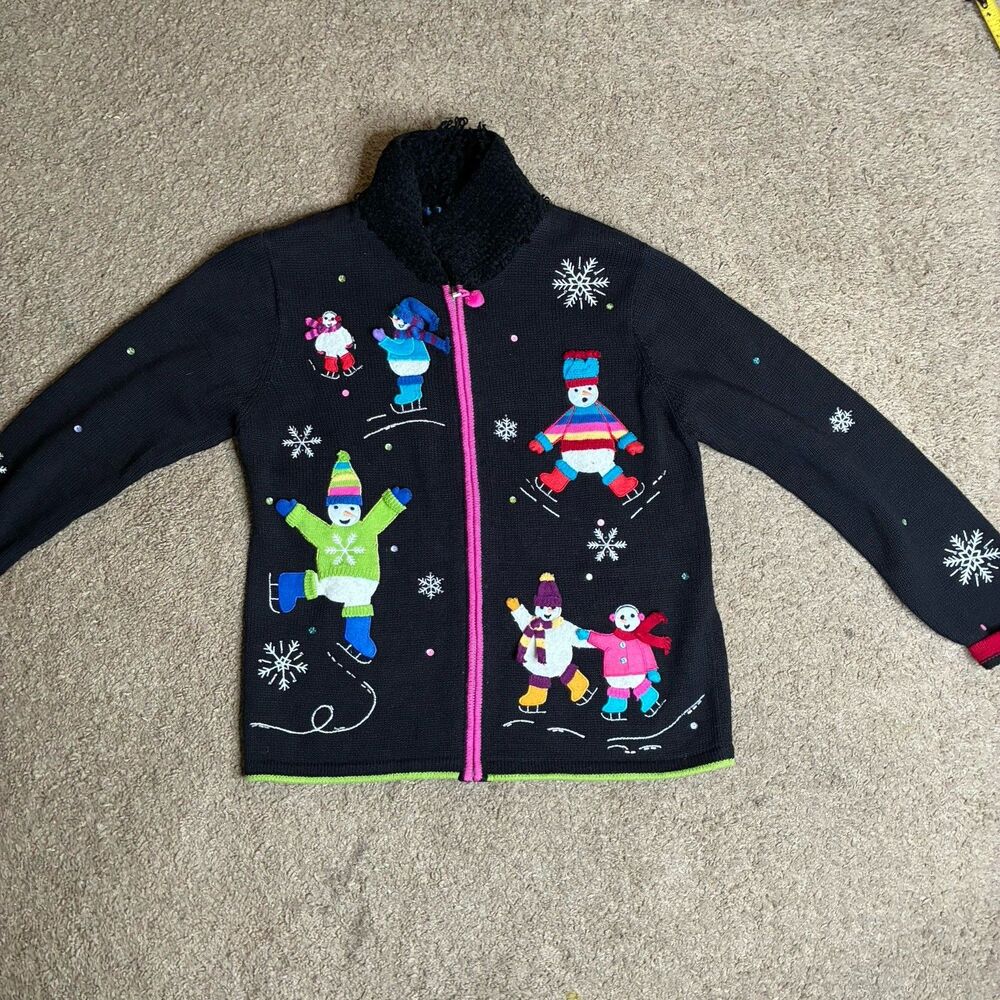 Karen Scott Sport Womens Petite Black Christmas Snowman Holiday Sweater Vtg - Picture 2 of 15